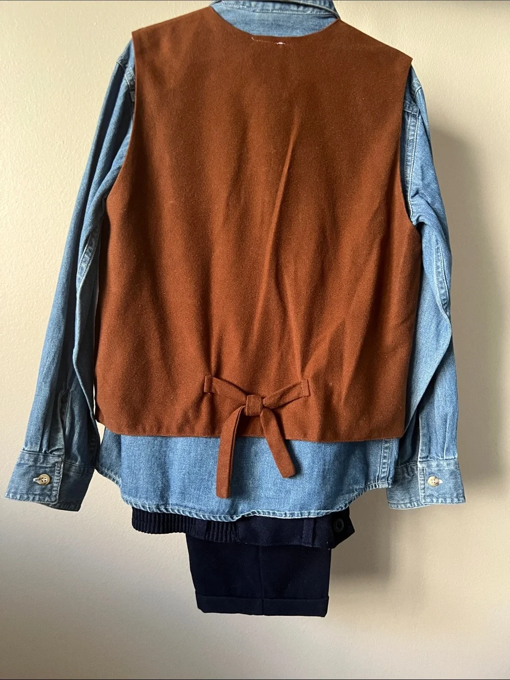 Vintage Kids 3 piece Plaid Vest,  Denim Shirt,  and Navy Pants.